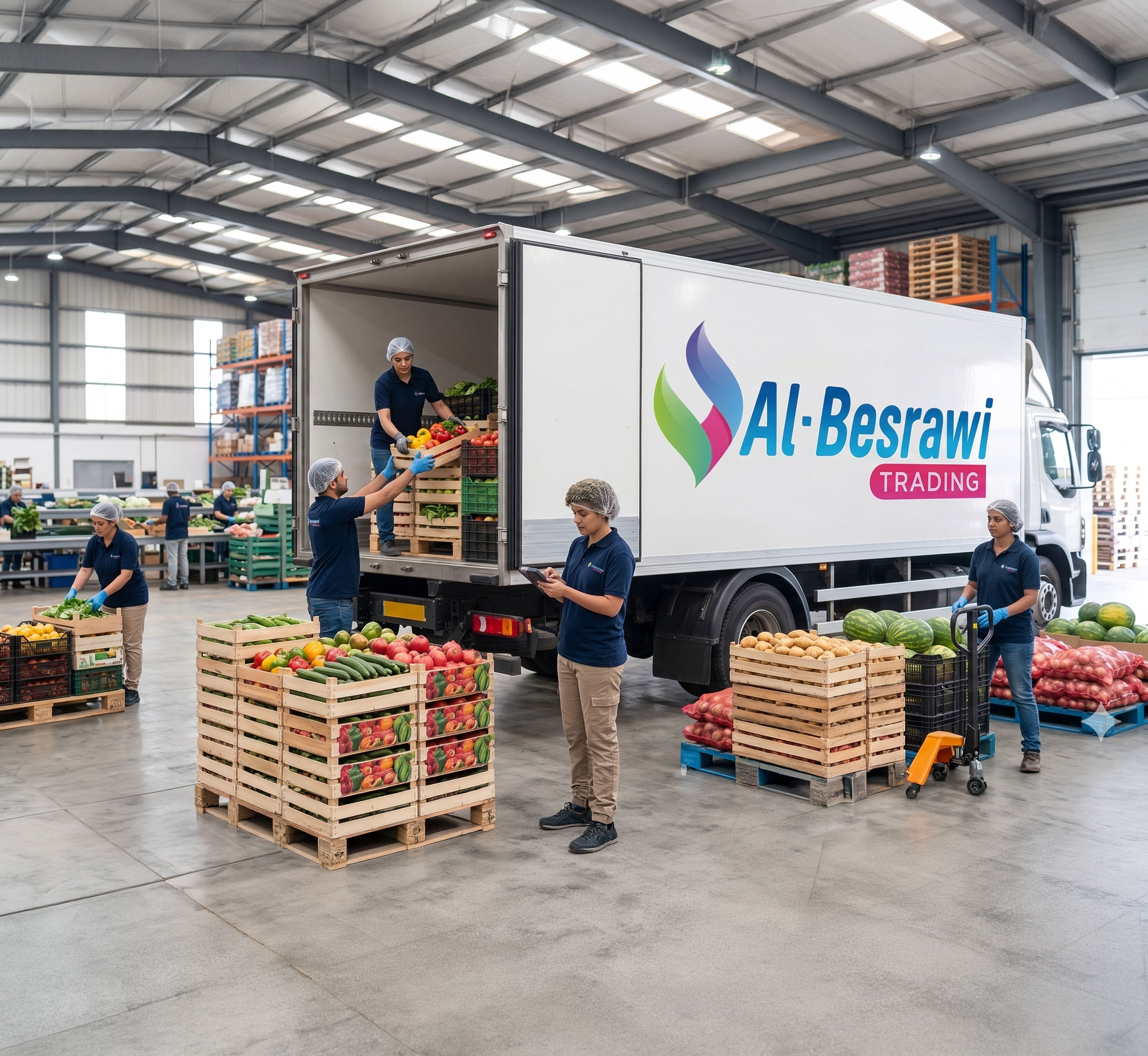 Al-Besrawi Trading warehouse operations — fresh produce being loaded for delivery